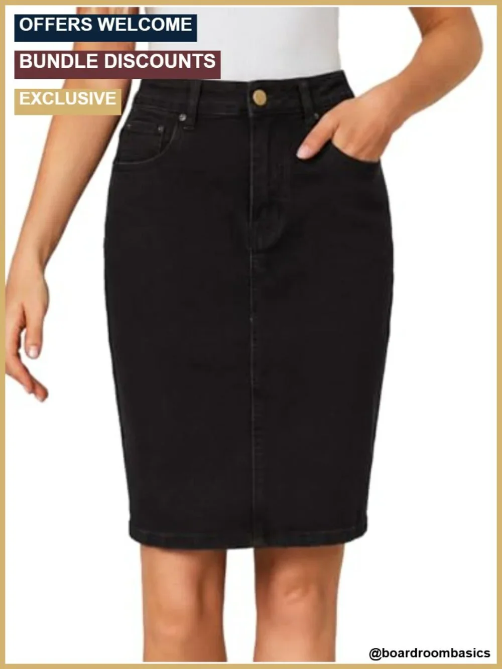 Stretch High Waist Back Slit Denim Jean Knee Length Skirt
